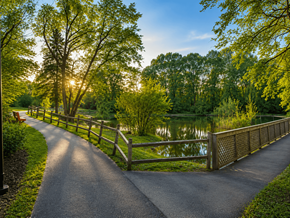 Ypsilanti apartment for rent - A paved road leads to a wooden bridge over a body of water.