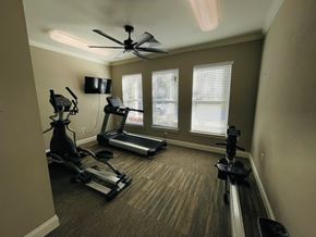 Greenville apartment for rent - a home gym with exercise machines and a ceiling fan