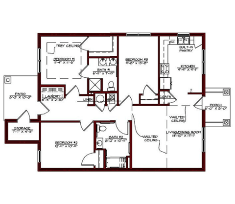 Floor plan for 3 beds, 2 baths, 1280 sqft