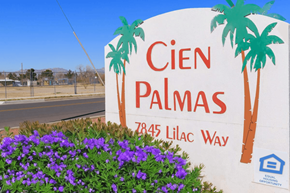 El Paso apartment for rent - a sign for a cien palmas with purple flowers