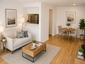 Houston apartment for rent - A living room with a white couch, a coffee table, and a dining table with chairs.