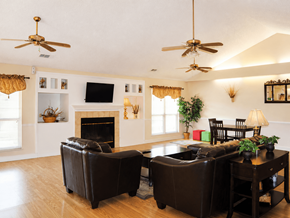 Hebron townhouse for rent - A living room with a fireplace, two chairs, and a coffee table.