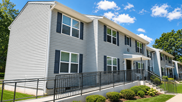 Newnan apartment for rent - A grey house with black railings and windows.