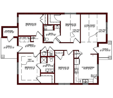 Floor plan for 4 beds, 2 baths, 1500 sqft