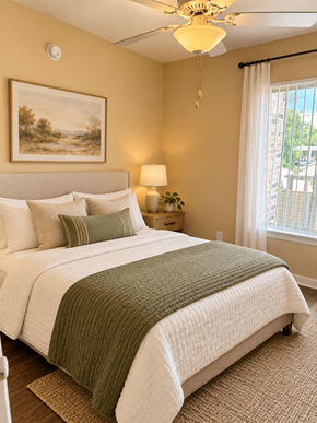 The Woodlands apartment for rent - A bedroom with a large bed and a painting on the wall.