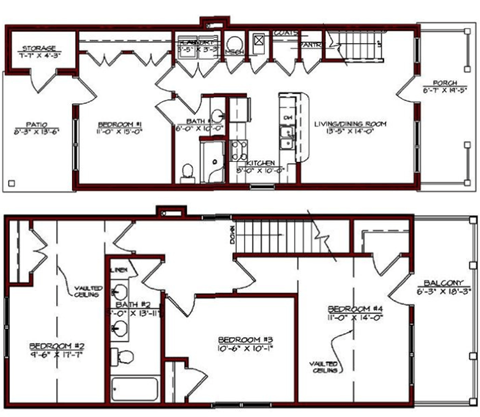 Floor plan for 4 beds, 2 baths, 1500 sqft