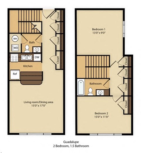 Floor plan for 2 beds, 1.5 baths, 1071 sqft