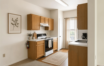 Kerrville apartment for rent - A kitchen with wooden cabinets and a rug on the floor.