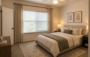 Kerrville apartment for rent - A bedroom with a large bed and a window with blinds.