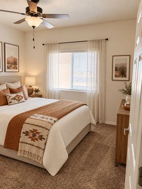 El Paso apartment for rent - A bedroom with a bed, a ceiling fan, and a window with curtains.