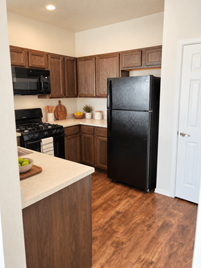 El Paso apartment for rent - A black refrigerator stands in a kitchen with wooden cabinets and a white door.