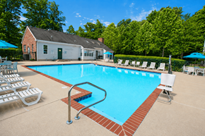Hampton apartment for rent - A pool with a red brick border and a diving board.