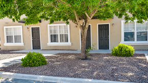 Socorro townhouse for rent - A tree in front of a building with a black door.