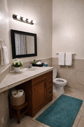 Denver apartment for rent - A bathroom with a toilet, sink, mirror, and a rug.