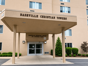 Nashville apartment for rent - The front of the Naseville Christian Towers building is shown.