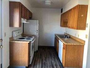 Lamar apartment for rent - an empty kitchen with a stove refrigerator and sink