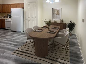 Kerrville apartment for rent - A modern dining room with a wooden table and chairs.