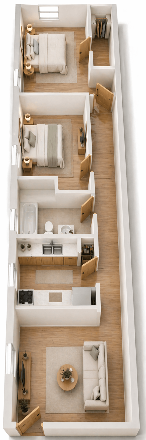 Floor plan for 2 beds, 1 bath, 679 sqft