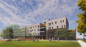 Denver apartment for rent - a rendering of a building with students playing on a field
