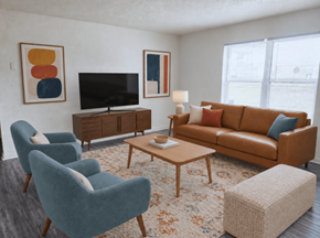 Oklahoma City apartment for rent - A living room with a brown couch, blue armchair, and a television.