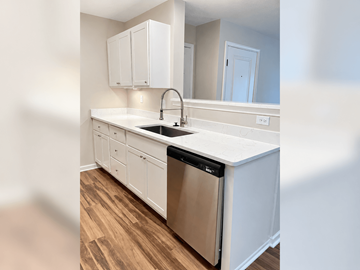 Walls apartment for rent - A kitchen with white cabinets and a stainless steel dishwasher.