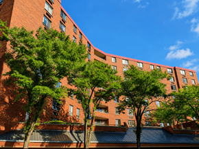 Rockford apartment for rent - A red brick building with trees in front.