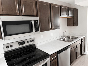 Leavenworth apartment for rent - A modern kitchen with dark brown cabinets and stainless steel appliances.
