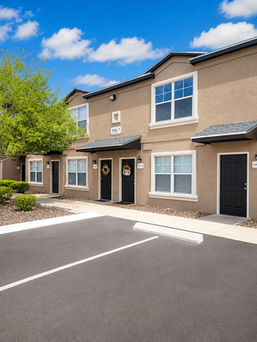 Horizon townhouse for rent - A row of houses with black front doors.