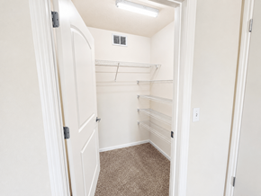 Cleveland apartment for rent - A white closet with a carpeted floor and shelves.