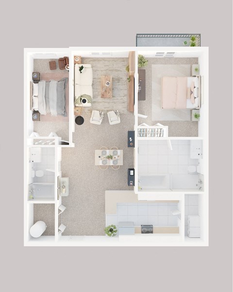 Floor plan for 2 beds, 2 baths, 1035 sqft