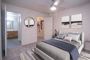 Austin apartment for rent - A bedroom with a bed, a dresser, and a mirror.