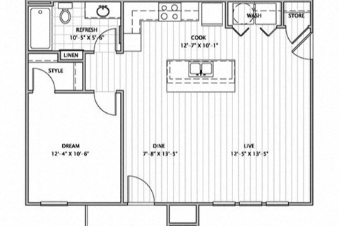 Floor plan for 1 bed, 1 bath, 736 sqft