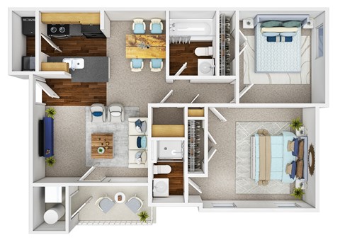 Floor plan for 2 beds, 2 baths, 990 sqft