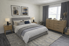 Oklahoma City apartment for rent - A bedroom with a large bed, a nightstand, and a dresser.