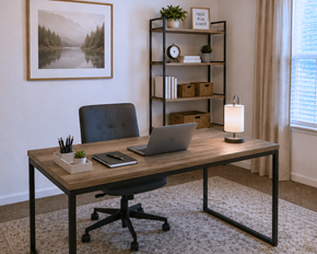 St. Louis townhouse for rent - A modern home office with a wooden desk, black chair, and a framed landscape picture on the wall.