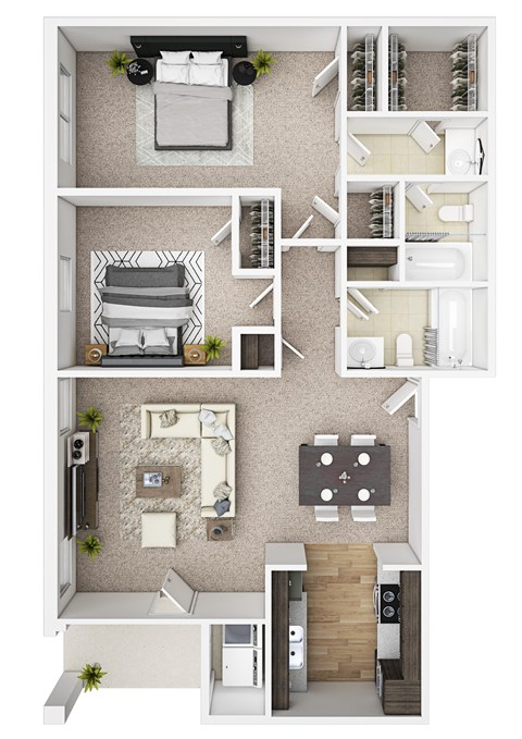 Floor plan for 2 beds, 2 baths, 1032 sqft