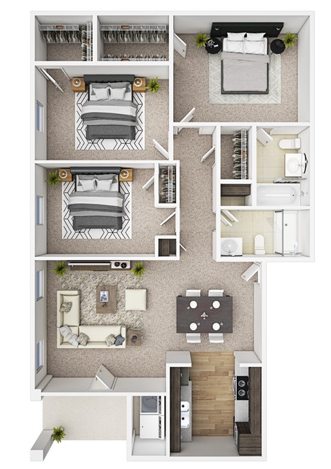 Floor plan for 3 beds, 2 baths, 1132 sqft