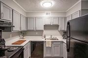 Hermitage apartment for rent - A kitchen with black appliances and white cabinets.