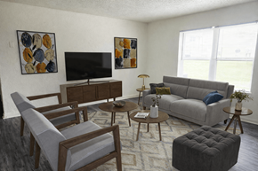 Oklahoma City apartment for rent - A living room with a grey couch, a wooden coffee table, a TV, and two chairs.