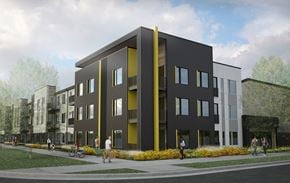 Denver apartment for rent - a rendering of a black and yellow building with people walking on a sidewalk