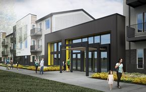 Denver apartment for rent - a rendering of a building with people walking in front of it