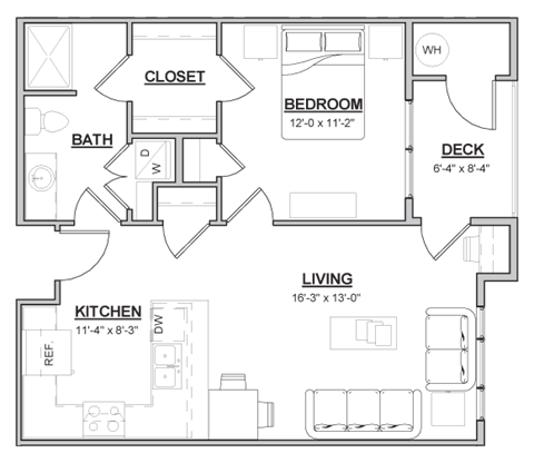 Floor plan for 1 bed, 1 bath, 632 sqft