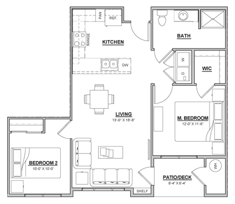 Floor plan for 2 beds, 1 bath, 770 sqft