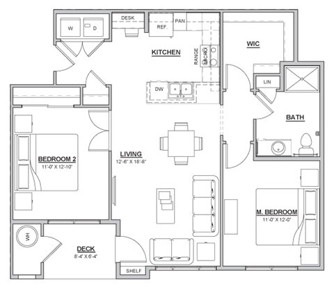 Floor plan for 2 beds, 1 bath, 902 sqft