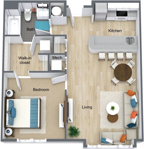 Floor plan for 1 bed, 1 bath, 755 sqft