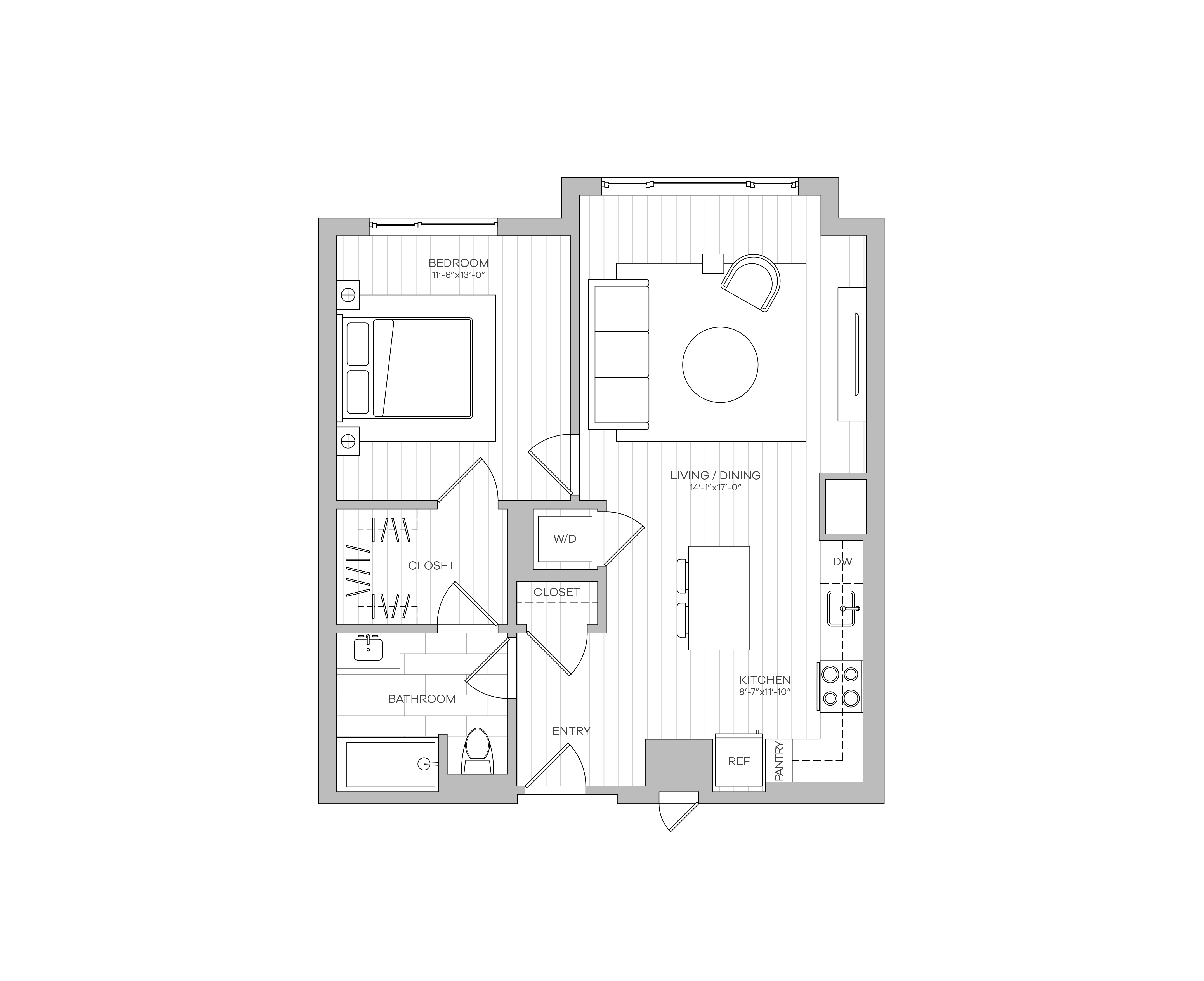 Floor plan for 1 bed, 1 bath, 763 sqft
