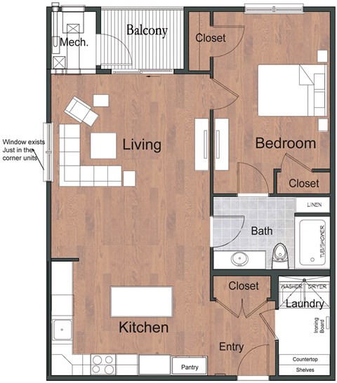 Floor plan for 1 bed, 1 bath, 960 sqft