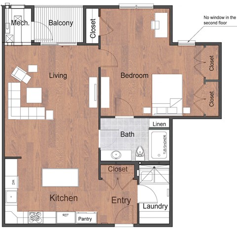 Floor plan for 1 bed, 1 bath, 1030 sqft