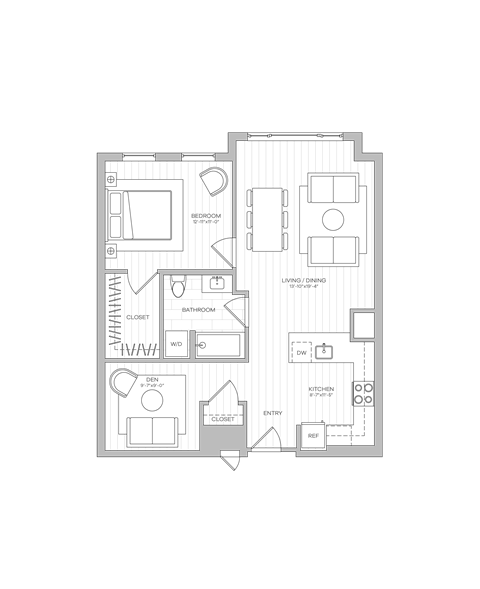 Floor plan for 1 bed, 1 bath, 820 sqft