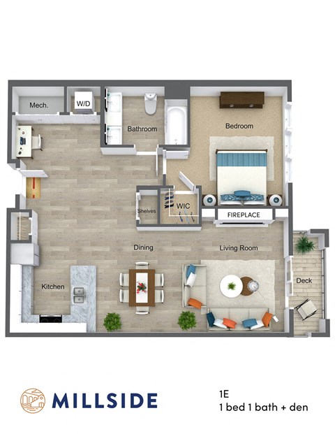 Floor plan for 1 bed, 1 bath, 912 sqft